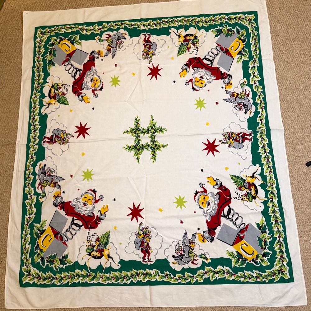 Vintage 50’s Christmas holiday Santa Claus & elves cotton linen tablecloth